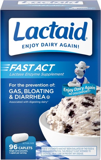 [BRSWGCQDCUDRUFA4] Lactaid Fast Act Lactose Intolerance Caplets with Lactase Enzyme, Dairy Relief from Gas, Bloating & Diarrhea, 9000 FCC Lactose Intolerance Pills, 96 Individual Travel On-The-Go Packs (96 x 1 ct)
