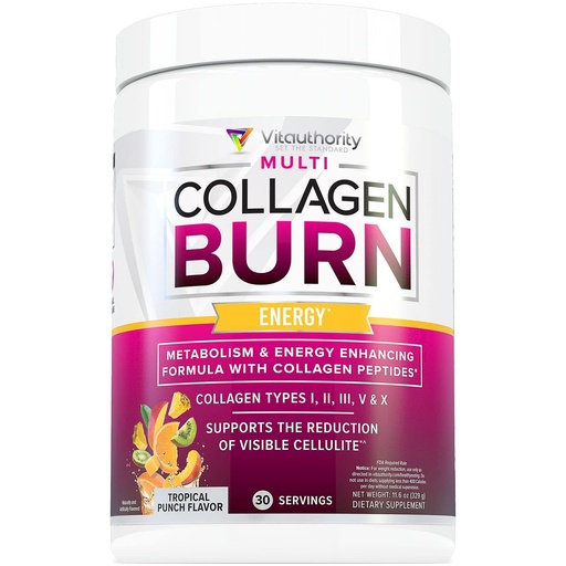 [BRSRMED2A4GWOH35] Multi Collagen Burn: MultiType Hydrolyzed Protein Peptides with Hyaluronic Acid, Vitamin C, SOD B Dimpless, Types I, II, III, V and X, with Caffeine 30 Servings Tropical Punch Flavored