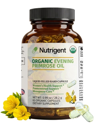 [BRSRAGQFCAHRO3A4] Organic Evening Primrose Oil Supplement, 940 mg 100% Pure with 10% GLA, High Absorption Liquid Organic Capsules, Promotes Women's Health & Skin Health, Cold Pressed, 60 Count