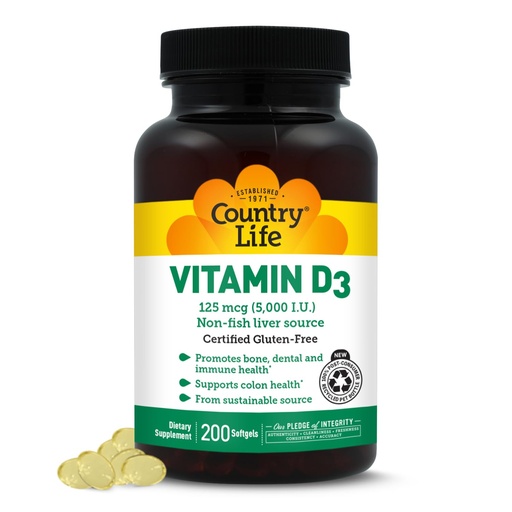 [BRSWIYADOMMRAA3K] Country Life Vitamin D3 5000 IU for Immune and Bone Health, Calcium Absorption, and Colon Health - Sustainable Source from Lanolin, Available in Various Strengths