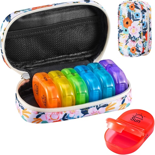 [BRSROH33OZ4B6E3B] Serfeymi Weekly Travel Pill Organizer 2 Times A Day AM PM Upgraded Rainbow Pill Box 7 Day with Portable Zipper Canvas Pill Case, Medicine Organizer for Pills, Vitamins, Fish Oils - Bloom 01