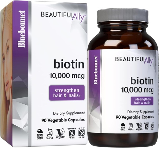 [BRSWGEITBYIGC2D6] Blåbonnet Ernæring Vakker alliert Biotin 10 000 mcg, styrke hår og negler*, ikke-GMO, Vegansk, Kosher-sertifisert, Glutenfri, Soya-fri, 90 Grønnsaker Capsules, 90 Services