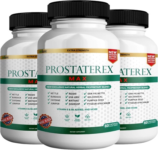 [BRSRABATBMHQMDL5] ProstateRex Max Extra Strength Prostate Health Support Supplement, Saw Palmetto, Vegan, Non-GMO, Gluten-Free – 180 Capsules (3)