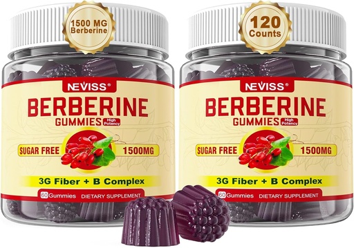 [BRSRAGT3OIHQ23LO] NEVISS Berberine Supplement 1500mg, AMPK Activator with 3G Prebiotic Fiber, B1 B3 B6, Sugar Free Berberine HCL Gummies for Women and Men - Supports Immune System, Digestive, 2pack 120 Cts
