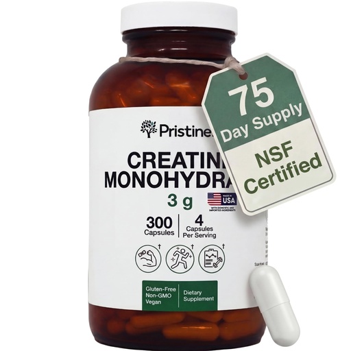 [BRSROBT7PMNQIALG] PRISTINE'S Creatine Monohydrate Capsules for Women & Men - NSF Certified 75 Day Supply 3G Creatine Pills for Women - Cognitive & Athletic Performance Support - Enhanced Recovery Glass Bottle