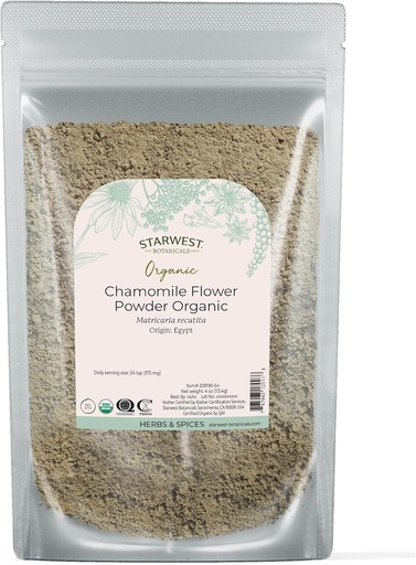 [BRSWIFQ4CEAAKGA3] Starwest Botanicals Organic Chamomile Flower Powder - Dried Loose Leaf Herb for Tea, Herbal Lotions, & Baking, Sourced from Egypt, Certified Kosher, Non-GMO - 4 oz Pouch