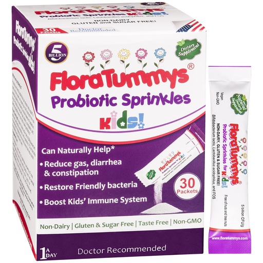 [BRSWI2T7AQDREC3M] FloraTummys Probiotics for Kids: 30 Taste-Free Powder Packets, Free of Food Allergens, Non-Dairy, Gluten Free, Sugar Free, Non-GMO, Vegan