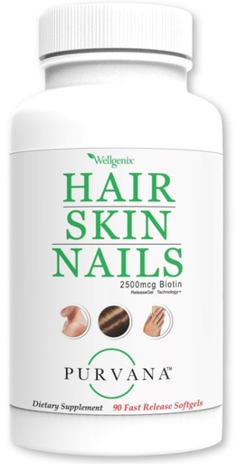 [BRSWIZQGBQMGMEDO] Wellgenix Purvana Hair Skin and Nails Supplement – 2500mcg Biotin Softgels with MSM & B-Complex – Daily Beauty Support for Stronger Nails & Hair Vitality – 90 Softgels