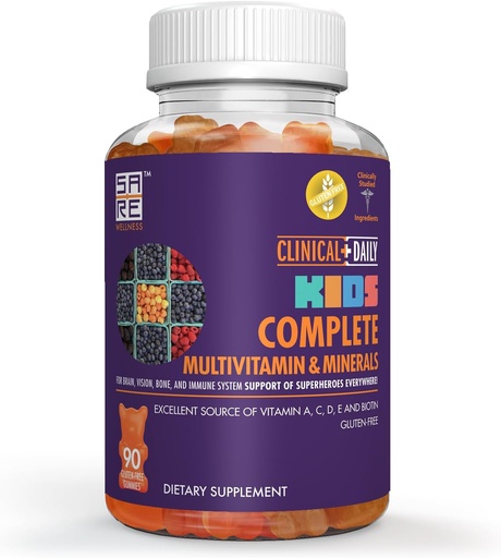 [BRSWGEAQC4PRQYL7] Clinical Daily Complete Kids Multivitamin Daily Gummy Συμπλήρωμα για τον εγκέφαλο, την όραση, τα οστά και την ανοσοποιητική υγεία. Βιταμίνες A, C, E,D, B6, B12, Folate, Biotin, Essential Minerals. 90 Χωρίς γλουτένη Νόστιμα Gummies