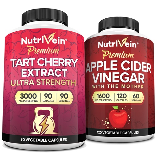 [BRSRA233DINRGDI4] Nutrivein Premium Tart Cherry 500mg & Apple Cider Vinegar 1600mg Bundle - Muscle Recovery & Uric Acid Cleanse Plus Digestion Support & Weight Management - Non-GMO, Vegan/Vegetarian - 90 + 120 Pills