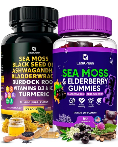[BRSRAYL3O4NGE333] Sea Moss Capsules + Gummies Bundle, 60 Irish Sea Moss Gummies + 120 Ocean Wild SeaMoss Capsules with Vitamins and Minerals