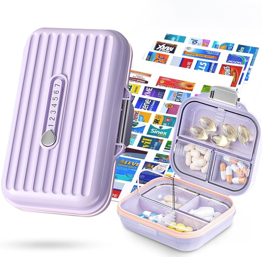 [BRSRAFAOAAIWODQ4] Travel Pill Organizer Box with Medicine Labels, 2Pack 7 Compartments Portable Pill Case, Daily Medication Organizer Storage Pill Container for Pocket Pharmacy(Purple, S+L 2pack)