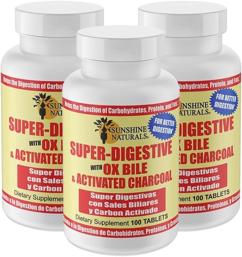 [BRSROAA3CQPRMFL4] Sunshine Naturals Super Digestive Supplement. Ox Bile & Activated Charcoal for Digestive Support, Bloating Relief, Gut Cleanse, Nutrient Absorption, and Overall Wellness. 100 Tablets. Pack of 3