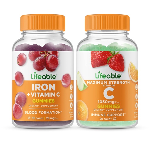 [BRSRMYAYAV6RMCI4] Lifeable Iron with Vitamin C + Vitamin C 1050mg, Gummies Bundle - Great Tasting, Vitamin Supplement, Gluten Free, GMO Free, Chewable Gummy