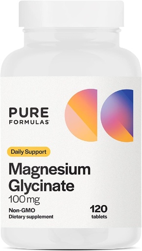 [BRSROAYOBMFBECLO] PureFormulas Magnésium Glycinate 100 mg Support quotidien pour le stress, les nerfs, le sommeil, les muscles, le métabolisme Supplément de Glycinate de Magnésium pur pour les femmes et les hommes Magnésio Non-OGM 120 Comprimés