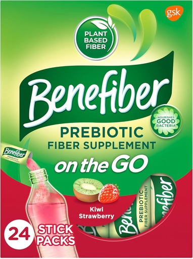 [BRSWICQPAUNWIA3G] Benefiber On the Go Prebiotic Fiber Supplement Powder for Digestive Health, Daily Fiber Powder, Kiwi Strawberry Flavor Powder Stick Packs - 24 Sticks (5.28 Ounces)
