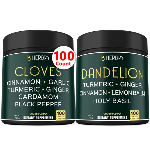 [BRSRA2YPA5YGC33U] Herbpy Bundle 7in1 Clove Supplement 755mg/serving (100 Capsules) & 6in1 Dandelion Root Supplement 750mg/serving (100 Capsules)