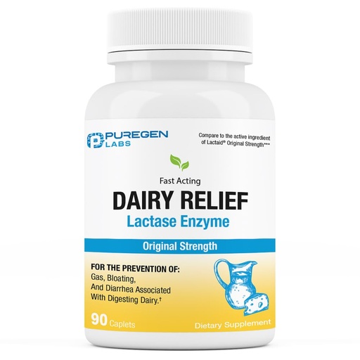 [BRSROGI6AQCAOF3L] Puregen Labs Dairy Relief Natural Fast Acting Lactase Enzyme 3000 FCC, Lactose Intolerance Pills 90 Caplets