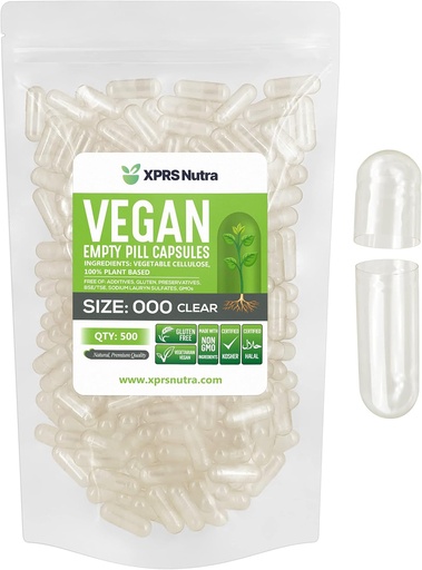 [BRSWGCT6BMMGMAL2] XPRS Nutra Vegan Size 000 Empty Capsules - 500 Count Clear Empty Vegan Vegetarian Empty Pill Capsules - DIY Vegetable Capsule Filling - Veggie Caps Pills