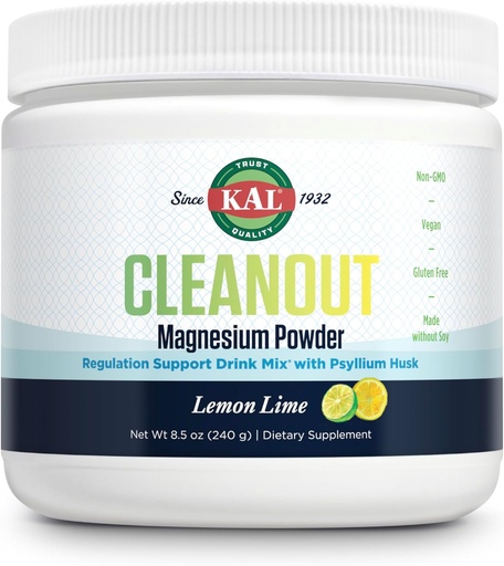 [BRSRAFATDEBBS3LL] KAL Cleanout Magnesium Plus Psyllium Husk Powder - Lemon Lime - Magnesium Oxide with Fiber Supplement - Regulation Support Drink Mix - No Sugar - 60-Day Guarantee, 40 Servings, 8.5 OZ
