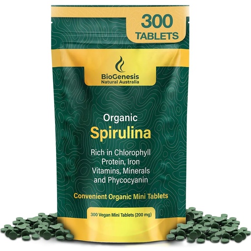 [BRSROGQTPJ7AMYD4] Biogenesis Organic Spirulina Mini Tablets – 300 Count (200 mg) | Australian Grown Blue-Green Algae | Rich in Phycocyanin, Chlorophyll & B Vitamins | Supports Daily Energy & Immunity | Vegan Mini Tabs