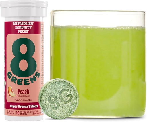[BRSW2CT6AUGQACDG] 8Greens Supergreens Tablets | Super Greens Powder Superfood Tablet, Metabolism Immunity & Focus, Daily Greens Effervescent Tablets, Organic: Aloe Vera, Spirulina, Chlorella, Peach, 10 Servings