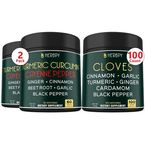 [BRSRAZQ6CIFR6DTO] Herbpy Bundle 7in1 Clove Supplement 755mg/serving (100 Count 100 Servings) & 7in1 Turmeric Root 1510mg/serving (2pack60 for 60 Servings)