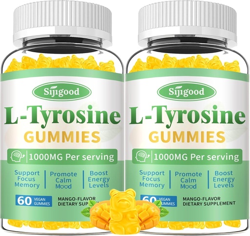 [BRSRAAYQOEIQGD3L] L-Tyrosine Gummies for Adults and Kids - 1000mg L-Tyrosine Supplement Focus Gummies for Brain, Mood, Energy Support, Vegan & Gluten-Free, Mango Flavor, 120 Count