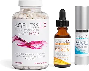 [BRSRMGIKOADROELA] AgelessLX Supplement Capsule for Women with HMB + Hydrasilk Eye Cream 0.5 OZ + Bright Glow Face Serum 1 Fl OZ for Women Bundle