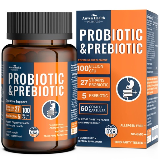 [BRSWYBABAEJWEETG] 100 Billion Probiotics for Men and Women 27 Strains 5 Organic Prebiotics for Gut Digestive & Immune Health, Supports Diarrhea Gas Bloating, Non-GMO, Zero Fillers – Made in USA丨60 Caps