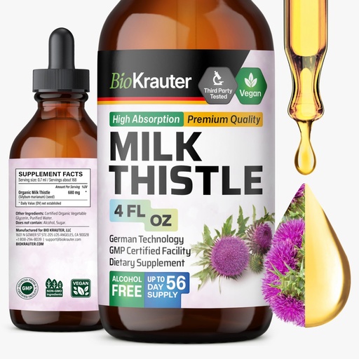 [BRSWGHQOC4ORGH3V] BIO KRAUTER® Milk Thistle Supplement for Liver Cleanse & Detox - Liquid Milk Thistle Extract Сontains Silymarin for Digestive Support 4 Fl.Oz - Alcohol & Sugar Free, 56 Days of Supply