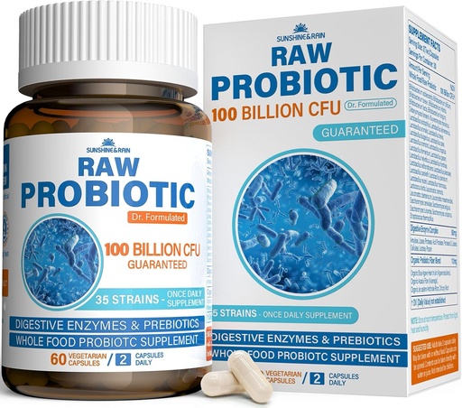 [BRSWYGQFAEHG2HYU] Raw Probiotics for Women & Men - 100 Billion CFU, 35 Strains, Organic Prebiotics & Natural Digestive Enzymes for Digestive, Gut & Immune Health - Dairy, Soy and Gluten Free, Non-GMO, 60 Vegan Capsules