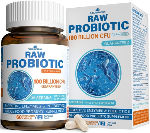 [BRSWYGQFAEHG2HYU] Raw Probiotics for Women & Men - 100 Billion CFU, 35 Strains, Organic Prebiotics & Natural Digestive Enzymes for Digestive, Gut & Immune Health - Dairy, Soy and Gluten Free, Non-GMO, 60 Vegan Capsules