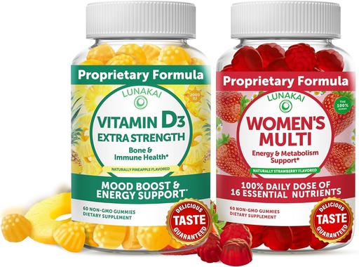 [BRSRMAIOOJYB4YDG] Lunakai Vitamin D3 Gummies and Women's Multivitamin Gummies Bundle - Immunity, Bone and Mood Support Supplement - 100% Daily Value of 16 Essential Vitamins and Minerals Healthy Gummy - 30 Days Supply