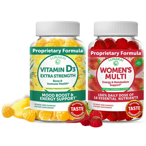 [BRSRMAIOOJYB4YDG] Lunakai Vitamin D3 Gummies and Women's Multivitamin Gummies Bundle - Immunity, Bone and Mood Support Supplement - 100% Daily Value of 16 Essential Vitamins and Minerals Healthy Gummy - 30 Days Supply