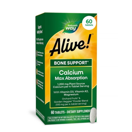 [BRSWIZI3BYBGOC3U] Nature’s Way Alive! Calcium Bone Support Tablets*, Max Absorption Calcium Supplement with Vitamins D3, K2, & Magnesium, Promotes Bone Health and Bone Density*, Gluten Free, 60 Tablets