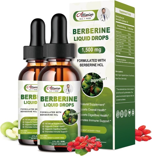 [BRSROCQRBEBG2CDG] 2 Pack Berberine supplement flydende dråber til immunsystemet & fordøjelsessystemet understøtter -Premium Berberine HCL 1500mg med Pure Ceylon kanel -4 Fl Oz
