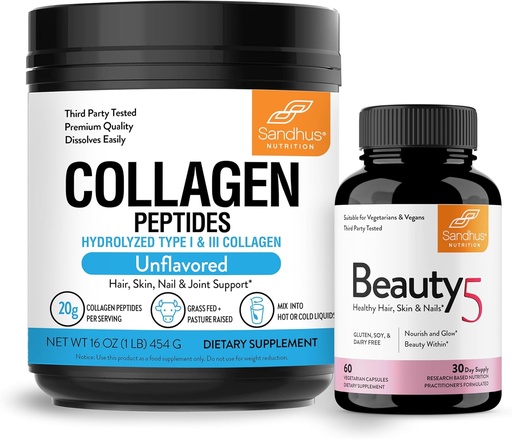 [BRSROAYEAF5QAH3D] Sandhu's Grass-Fed Collagen Peptides Powder & Beauty 5 Capsules| Skin Supplements| Promotes Skin, Hair, Nail Health