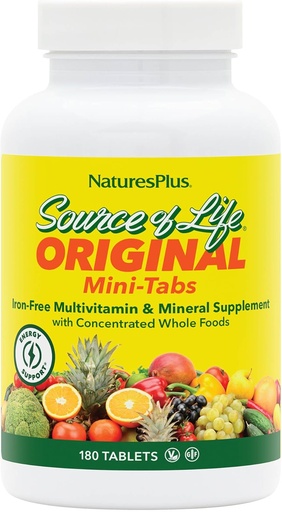 [BRSWIY3YAUOAA232] Natures Plus Source of Life Mini-Tabs No Iron - 180 Vegetarian Mini Tablets - Easy to Swallow Natural Whole Food Multivitamin & Mineral Supplement for Health & Energy - 30 Servings