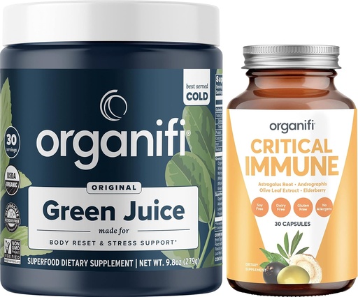 [BRSW2YIROEFAMYIV] Organifi Green Juice Superfood Powder (30 Servings) and Critical Immune (30 Capsules) - Vitamin C, Weight Control, Detox Cleanse, Stress Relief and Immunity Support - Gluten Free, Vegan, Whole Food
