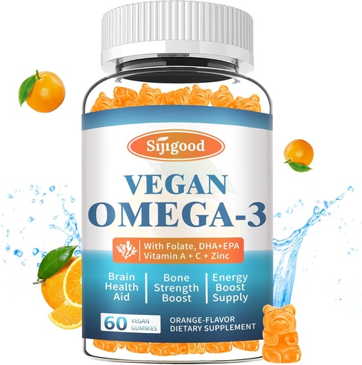 [BRSRAHAFCV4G233K] Omega-3 Gummies Potent Algae Omega Fuente, Boost Brain, Eye &amp; Immune Función, con DHA y EPA Vegan & Sugar Gratis, Orange Flavor, 60 Conde