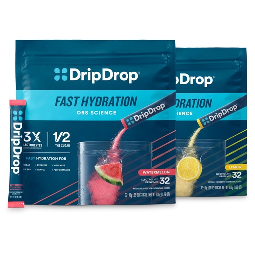 [BRSRMBT2OIDRQDTD] DripDrop Hydration - Electrolyte Powder Packets - Watermelon & Lemon Bundle - 64 Count