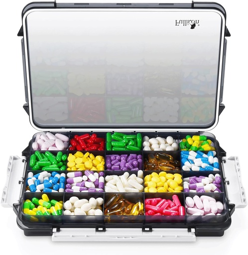 [BRSRA232BUPGCFLG] Fullicon Extra Large Pill Organizer with Moisture Proof Design, Travel Jumbo Pill Box with 20 Compartment, Supplement Organizer for Vitamins with 3 Secured Buckles (Black)