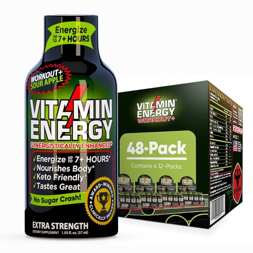 [BRSRAGL6DN7R4YLB] Vitamin Energy Workout+ Extra Strength Energy Shot Sour Apple 48 Pack, 260mg Natural Caffeine, Pre-Workout, B-Vitamins, Minerals, Endurance & Performance, Zero Sugar, Gluten-Free, Vegan, 1.93 fl oz