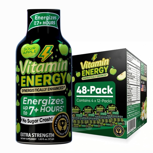 [BRSRAGL6DN7R4YLB] Vitamin Energy Workout+ Extra Strength Energy Shot Sour Apple 48 Pack, 260mg Natural Caffeine, Pre-Workout, B-Vitamins, Minerals, Endurance & Performance, Zero Sugar, Gluten-Free, Vegan, 1.93 fl oz
