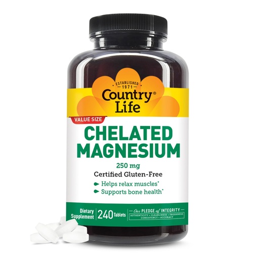 [BRSW2236BMIWGDLA] Country Life, Chelated Magnesium 250mg, Supports Bone and Immune Health, Daily Supplement, 240 ct