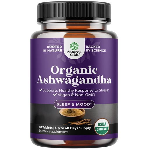 [BRSRAYIYCAGQIEYV] High Strength Organic Ashwagandha Supplements - Ashwagandha Organic Tablets for Mood Support & Hormone Balance for Women & Men - Root Extract Powder with Black Pepper for Better Absorption - 60 Ct