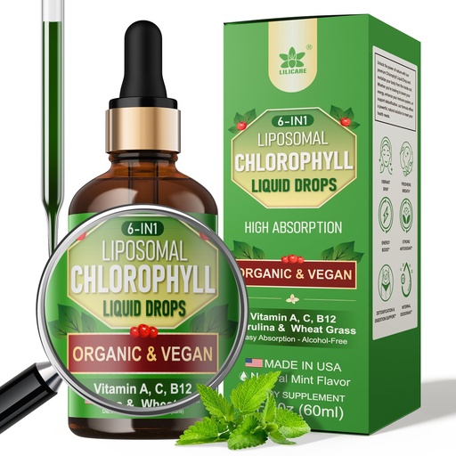 [BRSRAGQ5CAPW23D7] Organic Chlorophyll Liquid Drops Liposomal for Women & Men, 6-in-1 Greens Superfood Vegan Chlorophyll w/Spirulina, Wheat Grass, Vitamin C B12 A for Internal Deodorant*, Energy,Digestive,1Packs/2 Fl Oz