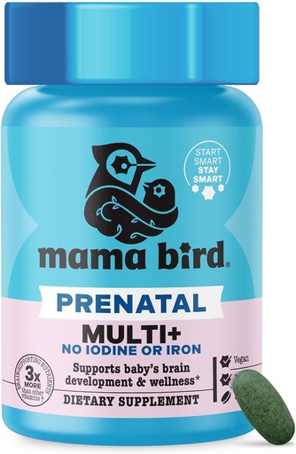 [BRSWGZAOOAFBSYLJ] Mama Bird - Prenatal Multi+ No Iodine or Iron (30 Servings) Prenatal Vitamins for Women - 30+ Essential Nutrients, Baby Brain Health - L-Methylfolate & Probiotics - Vegan, Gluten Free, Non GMO