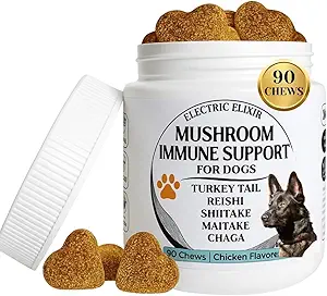 [BRSRAFI6DN6QOAIY] Dogs Immune Support Mushroom Supplement - Supports Longevity, Cognition, Joint, Cellular & Gut Health - All Natural Organic, GrainFree - Aid for Lumps and Bumps, Chicken Flavor - 90 Chews